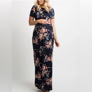 Navy Floral Short-Sleeve Maternity Dress with Pockets - Size M